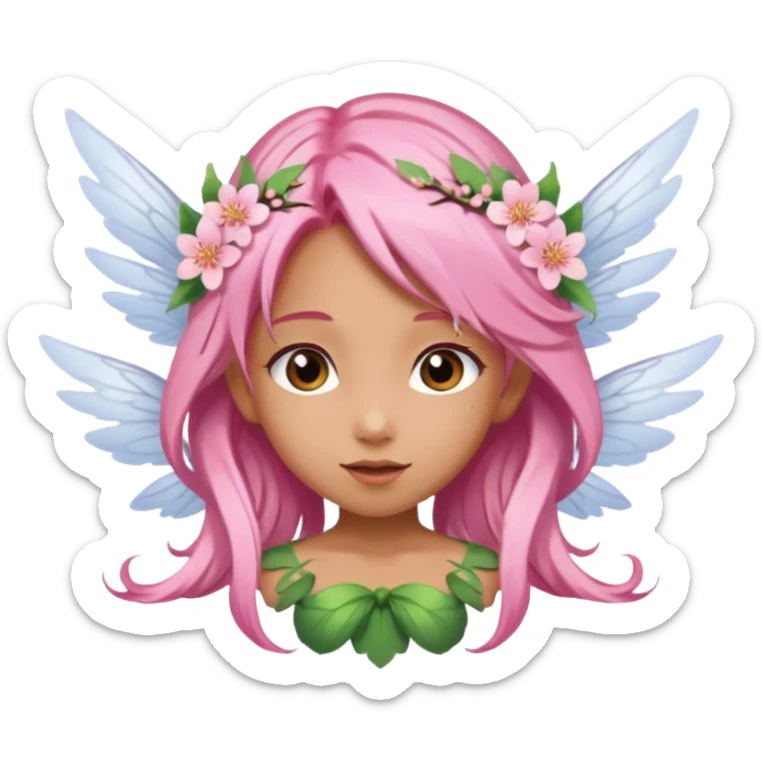 A flower fairy girl with long, light cherry blossom pink hair, wings, and a flying posture. sticker