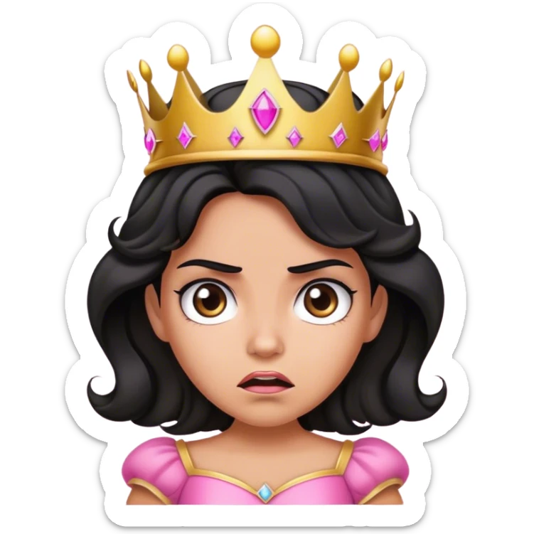 Very tanned princess, with black wavy hair and a crown, a pink princess Outfit But angry sticker