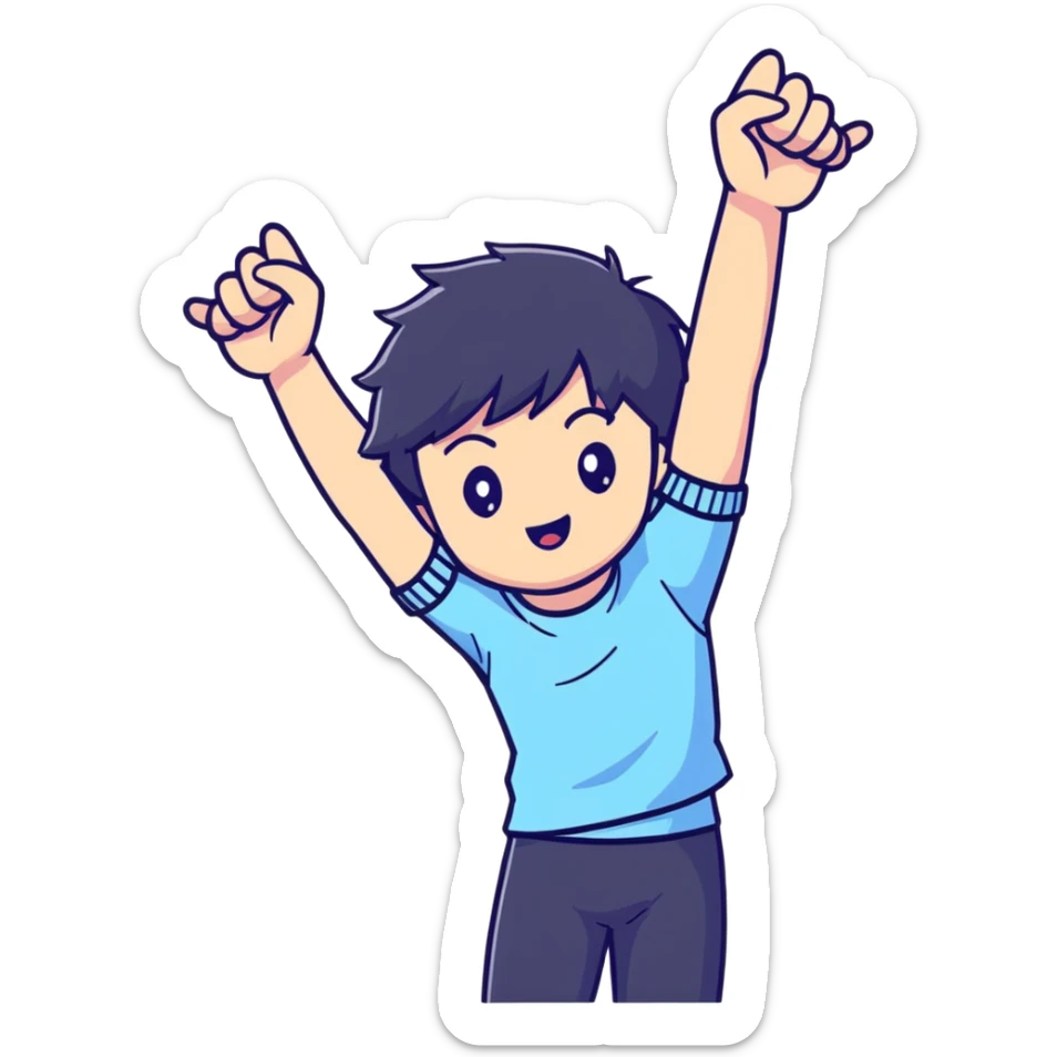 Black-haired male idol with arms up in the air, energetic performance pose, K-pop style sticker