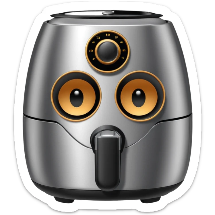 An air fryer with the knobs and handles made to look it's eyes, nose and mouth, hysterically crying with laughter sticker