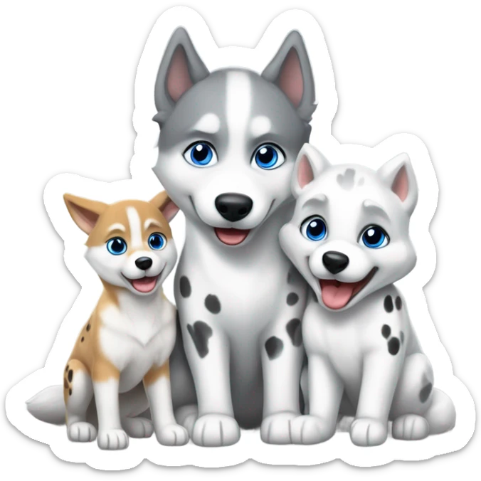 soft sun light, one white and grey baby  syberian husky, one big adult fox, one baby dalmatian white eyes and black ears, playing together, no background, high resolution, very detailed, realistic, amazing sticker