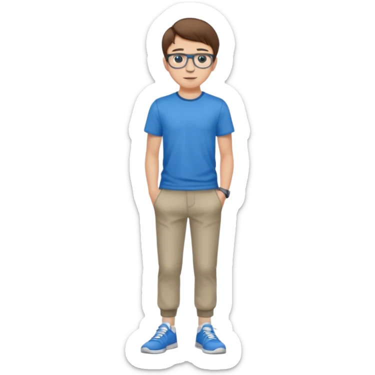 jeune homme l'air cool taille moyenne corpulence maigre cheveux chatain court yeux bleus lunettes photo de pieds en pantalon  sticker