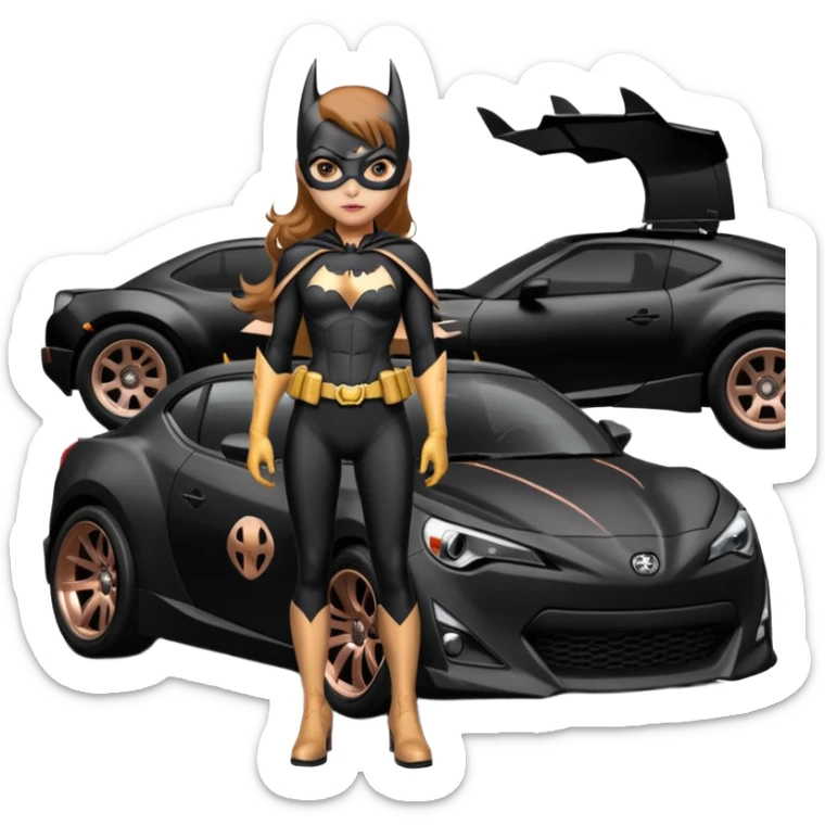 Relaxed adult Batgirl’s full reality crime fighting themed Satin black and rosegold painted Scion FR-S pursuit vehicle hot rod off road capable  sticker