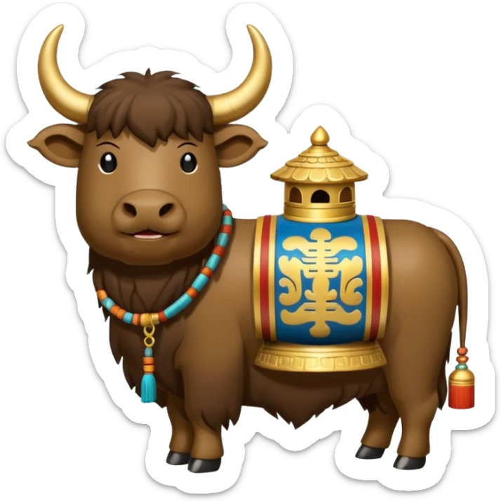 Tibet emoji with a yak and prayer wheels, representing Tibetan culture and landscape, in a simple and spiritual emoji style sticker