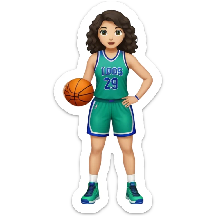 full body plus size light skin latino women basketball player with wavy dark hair wearing blue and green uniform sticker