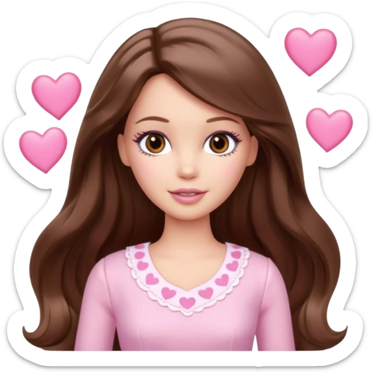 Barbie girl and  makeup , brown long straight wavy hair and brown eyes is In pale pink clothes There are pink hearts all around sticker