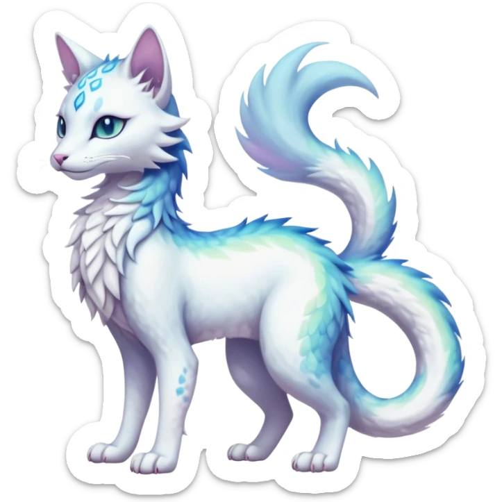 Kawaii white pastel iridescent beautiful pretty elegant divine edgy fantasy feline-vernid-sergal-fursona animal creature with a tufted tail full body with intricate markings  sticker