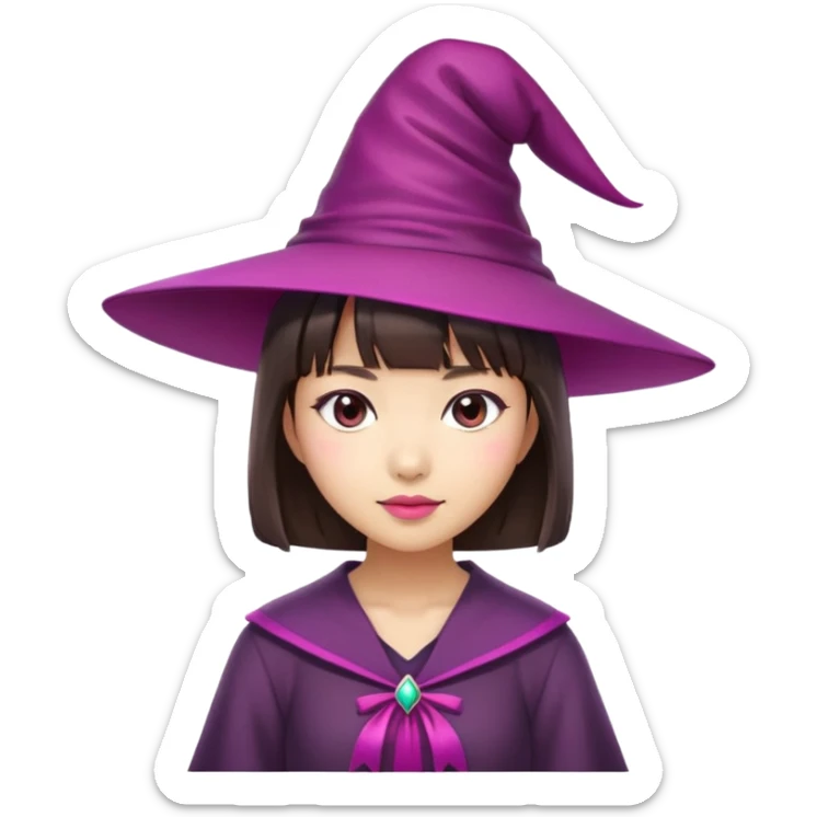 Naked woman, asian woman, naked asian woman, brunette, brunette hair, short hair, with bangs, short hair with bangs, witch hat on top of head, magenta witch hat sticker