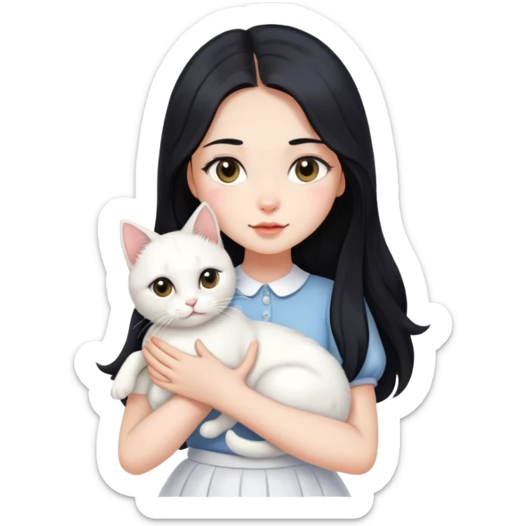 A beautiful girl with long black hair wearing a white skirt holds a cute white cat in her arms sticker