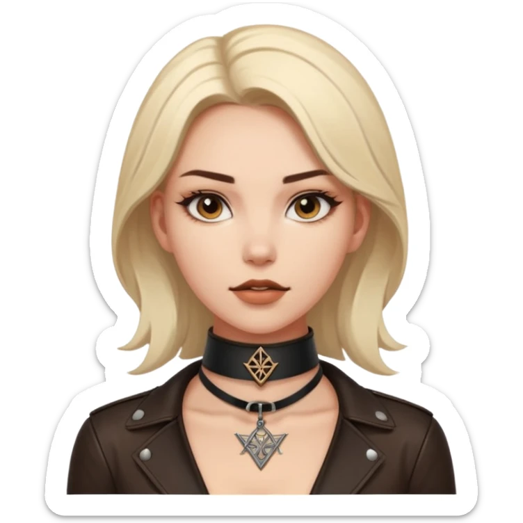 Leather choker with sigil around woman’s neck, pulse visible, dominance tone sticker