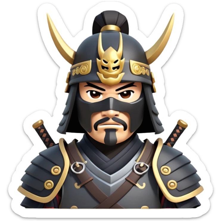clash-of-clans-aesthetic_-cinematic-fearsome-and-majestic-samurai-bust-portrait-emoji, rendered in a flat, vector-style with minimal shading and bold, simplified shapes typical of emoji art, depicting a battle-hardened samurai with black mask and traditional black Japanese armor. The samurai is riding a noble grey warhorse adorned with an intricately designed saddle and fluttering banners and a rising sun. a samurai on a   horse sticker