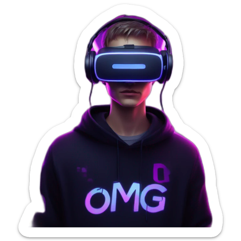 Russian young man wearing a black hoodie with "OMG" letters on it and VR headset in a cyberpunk VR environment with violet neon lighting. sticker
