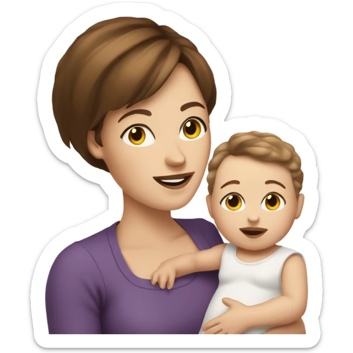 A white skinned mother with short brown hair holding her white skin and brown hair baby girl sticker