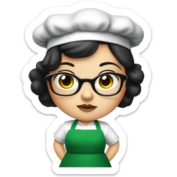 chubby lady with black hair and big eyes green apron  with glasses cooking  sticker