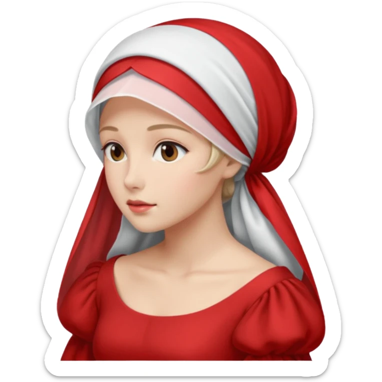 mujer de perfil con un vestido rojo de manga y falsas largas y voluptosas, y una toca blanca que cubre su cara sticker