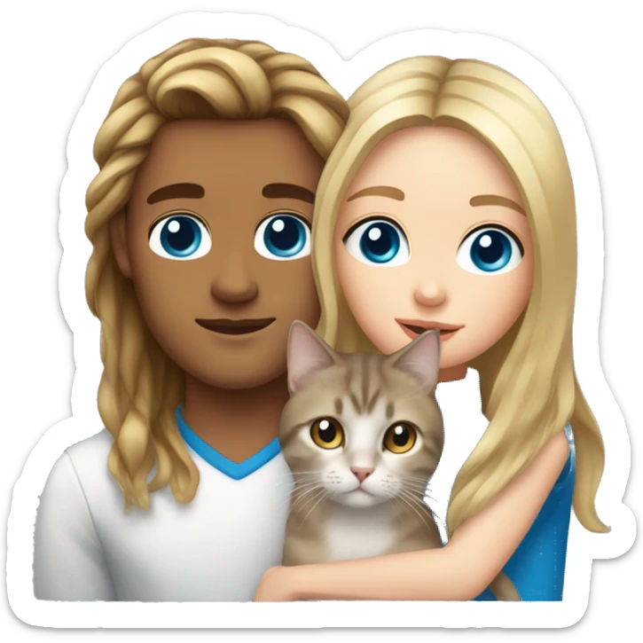 Long Brown hair girl with brown eyes, and blond white man, blue eyes holding tabby cat  sticker
