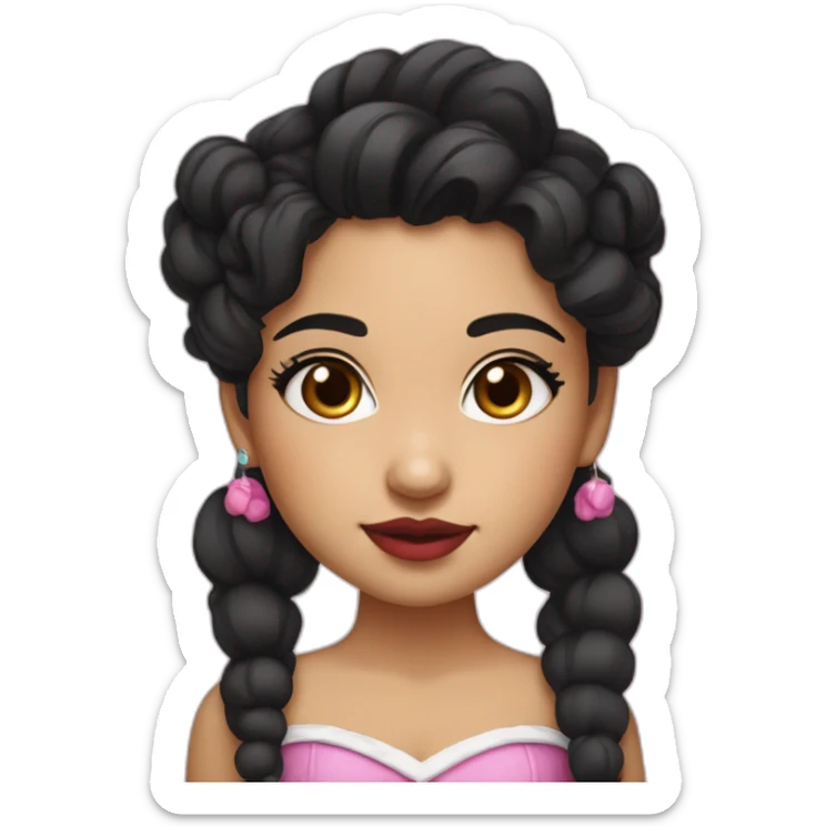 A cute Métis girl with a very clear complexion. She has black hair with large curls, which descend to her shoulders, and a pink lipstick on luscious lips. sticker