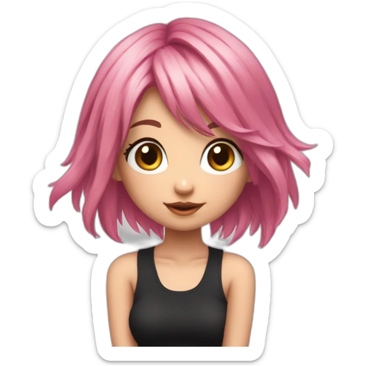 Full body Front view curvy emo girl pink hair sits on the floor straight view hands up black skirt полосатые рваные чулки sticker