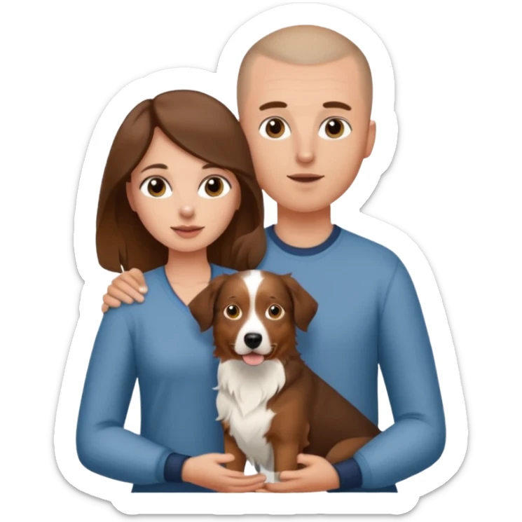 Man with shaved head holding woman with long brown hair and one Aussie dog sticker