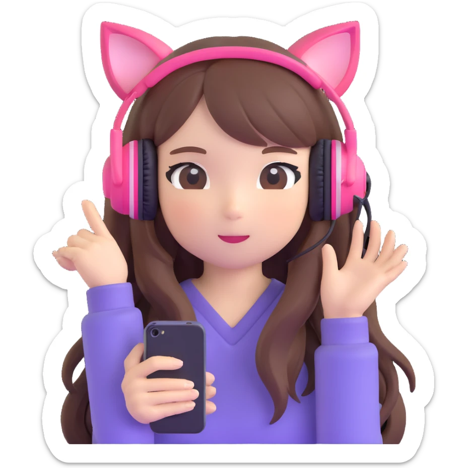 Adorable Japanese girl with long hair, cute cat ear headphones and holding smartphone sticker