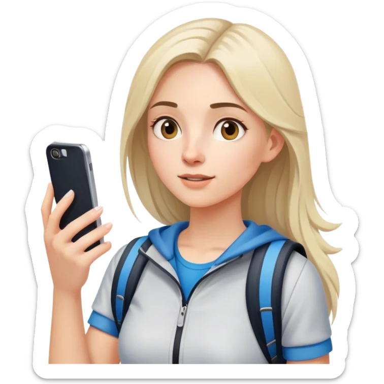 teen tourist girl in modern sports clothes and cell looking up sticker