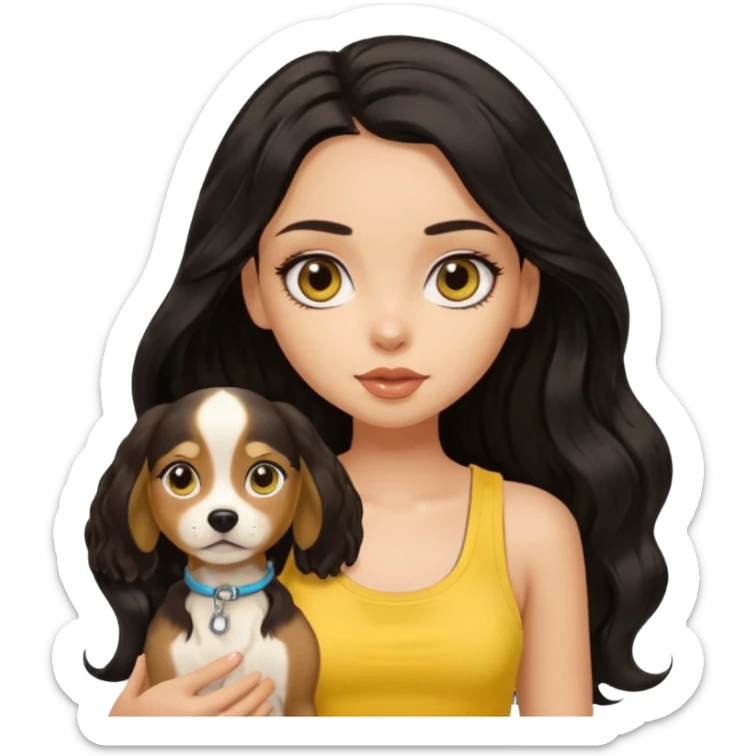 brown pretty bratz girl with long wavy black hair, wearing a yellow tank top with a dog sticker