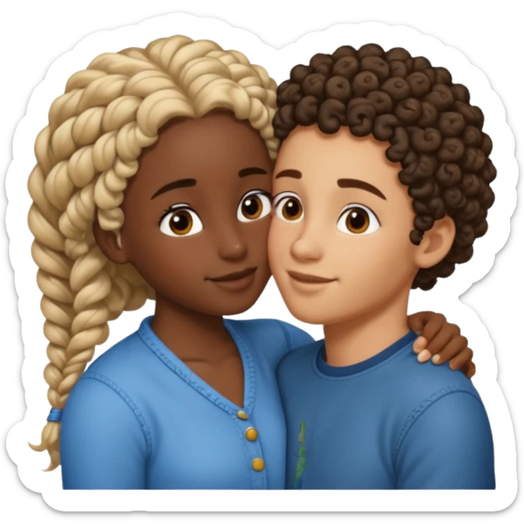 darkskin girl with braids kissing light skin boy with curly hair sticker