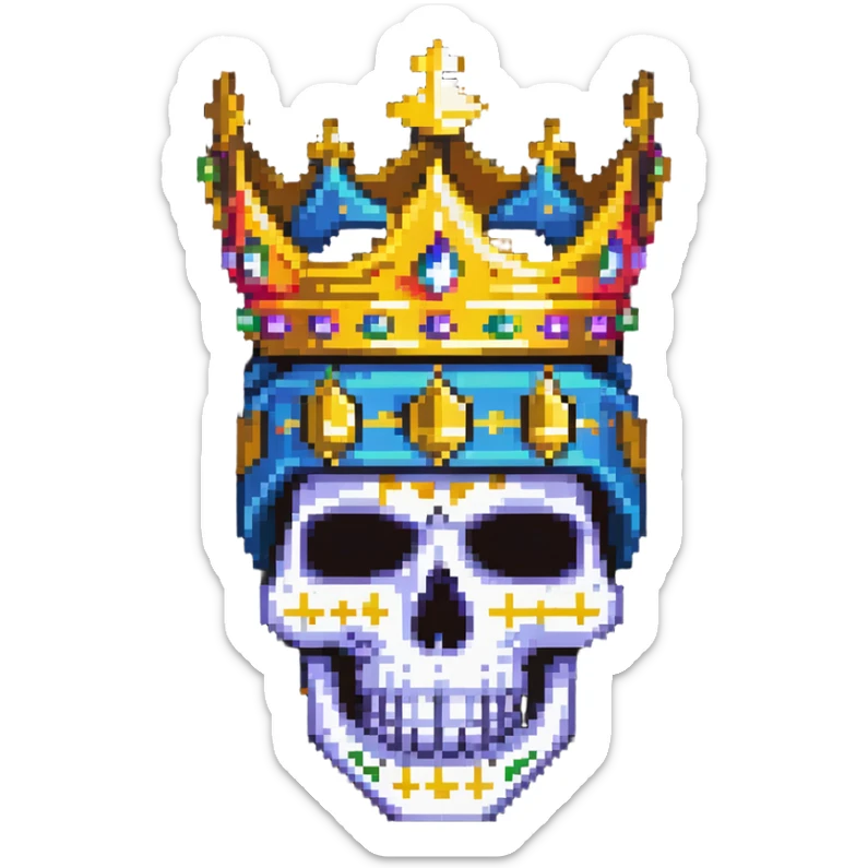pixel art of a colorful skull with vibrant colors, wearing a gold crown and a bright ski mask sticker