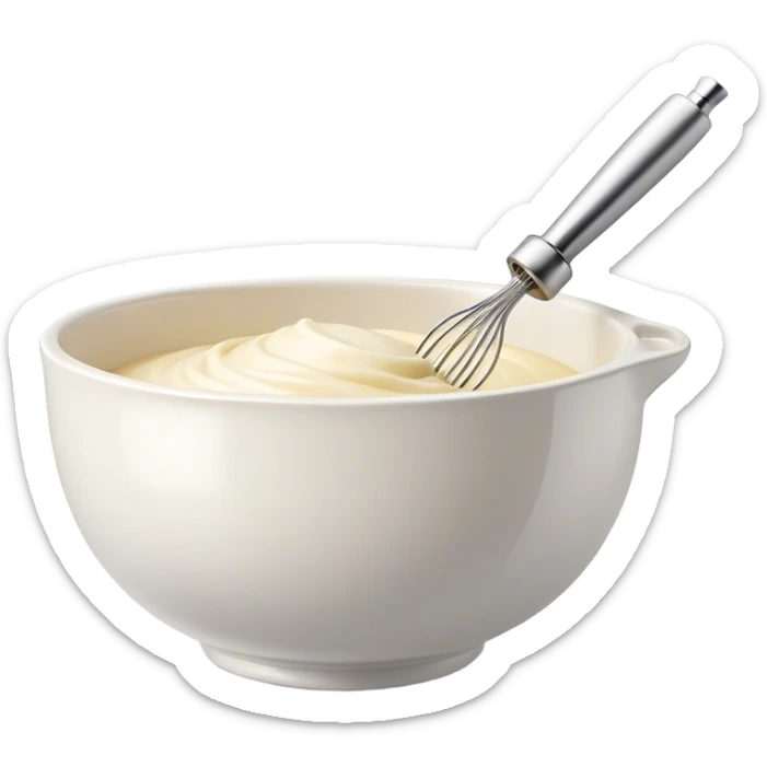 Cinematic Realistic Whisk & Mixing Bowl, a well-used metal whisk resting in a smooth ceramic mixing bowl, light reflecting off the whisk’s polished surface, subtle smears of batter along the rim, glowing with a sense of warmth and creativity. sticker