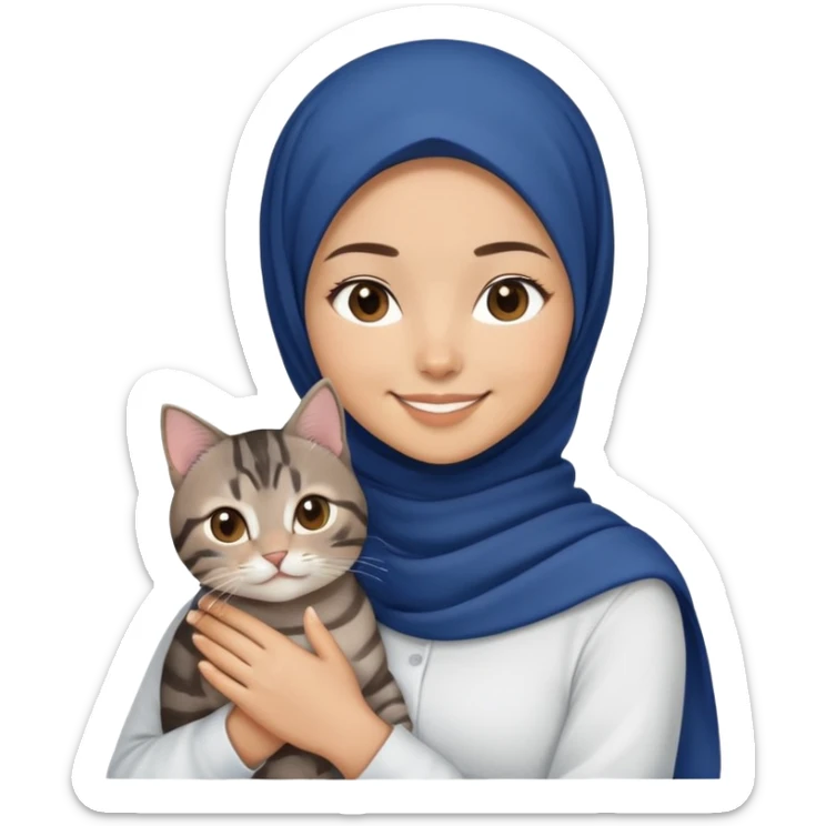 Asian white Girl wearing dark blue hijab with white shirt smiling while holding a black brown grey tabby cat sticker