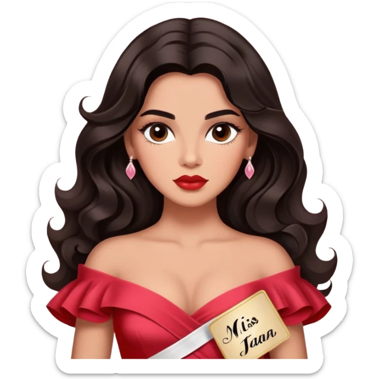 A woman with canela-toned skin, dark voluminous hair in waves, expressive eyes with soft lashes and shimmer, full lips with a glossy nude-pink color, wearing a red dress and a white sash with “Miss San Juan” in black letters, exuding elegance and confidence sticker