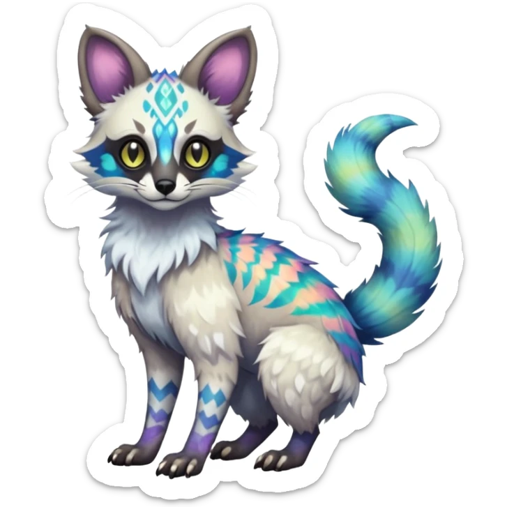 Rare iridescent white exotic epic aesthetic colorful Trico-Genet-species-Fakemon-hybrid-creature, with intricate tattoo markings, full body sticker