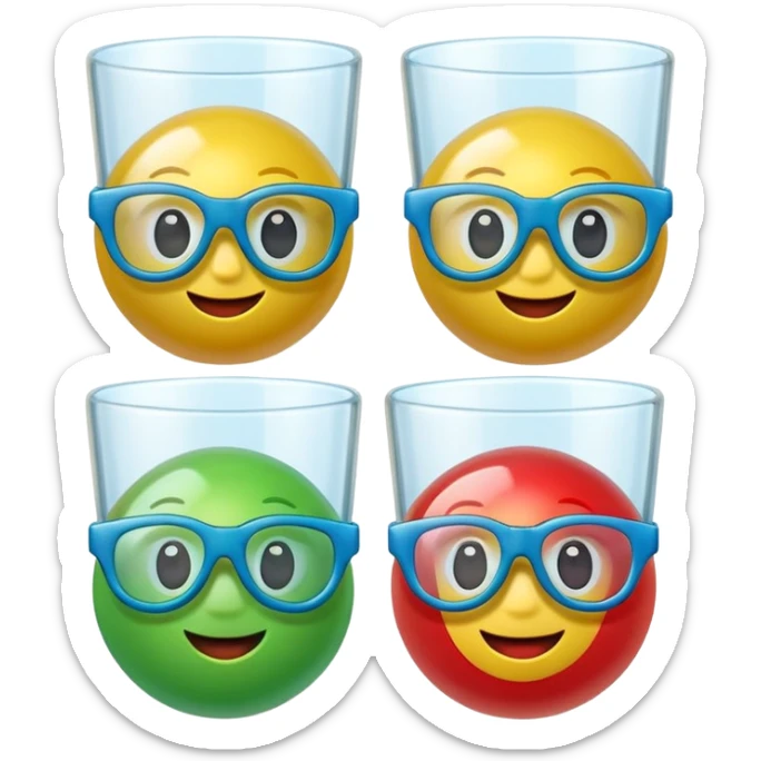 Cute 3D cartoon emoji sticker of a plastic glass-and-ball game with three glossy plastic glasses (blue, green, red) and a yellow ball. Soft lighting, smooth shadows, playful look, white sticker outline, transparent background, high resolution.” sticker