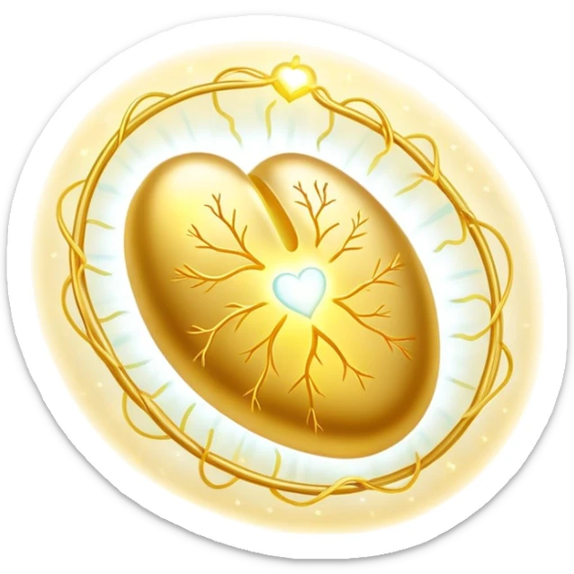 Glowing golden omega-3 pill with ethereal aura, connected by flowing energy to a luminous brain and heart. The brain shows enhanced neural activity while the heart pulses with healthy rhythm, all surrounded by a soft radiance representing improved cognitive and cardiovascular health. sticker