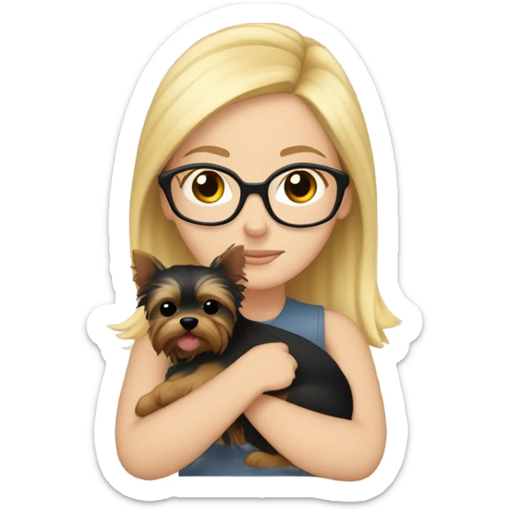 White girl, blonde hair, eyes closed, wearing glasses hugs Yorkshire terrier  sticker