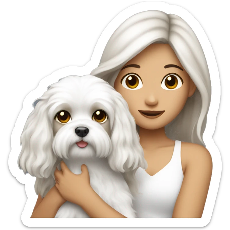 Brunette girl long hair holding a Maltese dog sticker