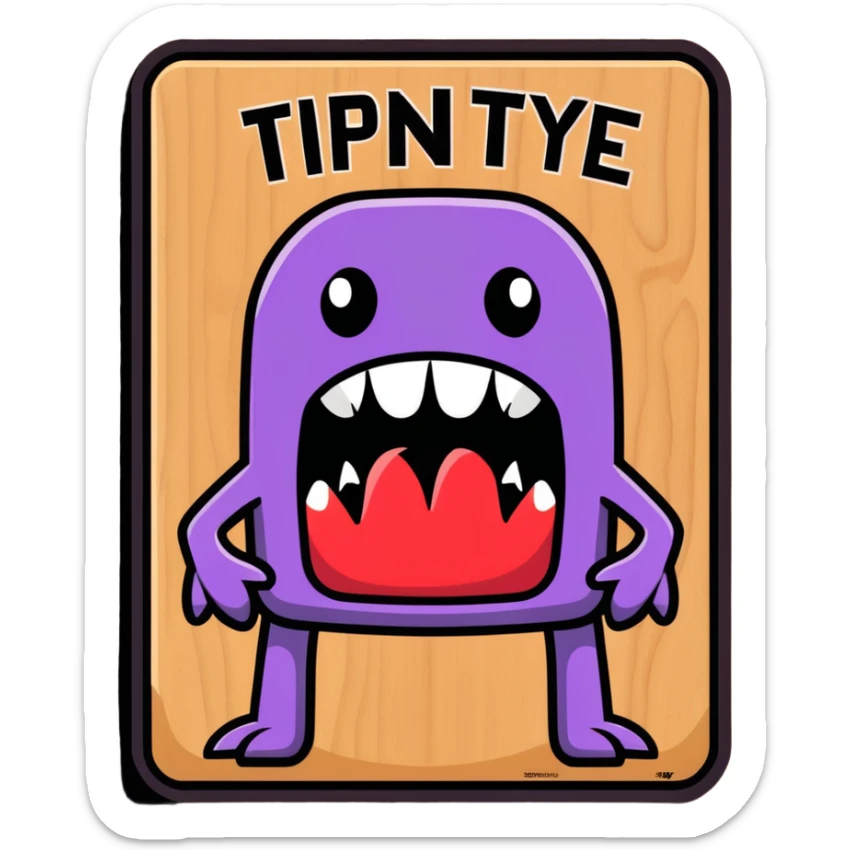 Fantasy tavern wooden sign with "Tipsy Mimic" name, with monster teeth and tongue sticker