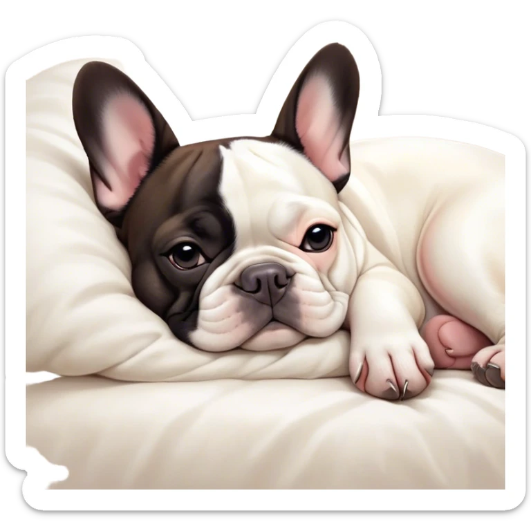 Meme-Worthy Cute Sleeping Pied French Bulldog Portrait Emoji, Head resting peacefully with a gentle, contented smile and eyes softly closed in serene repose, showcasing a distinctive pied fur of contrasting hues and a lovable, relaxed expression, simplified yet irresistibly adorable, highly detailed, glowing with a soft, drowsy radiance, high shine, exuding calm, endearing charm, styled with a gentle, soft glowing outline, capturing the essence of a sleeping Pied French Bulldog that appears destined to be the next viral symbol of adorable, sleepy delight! sticker