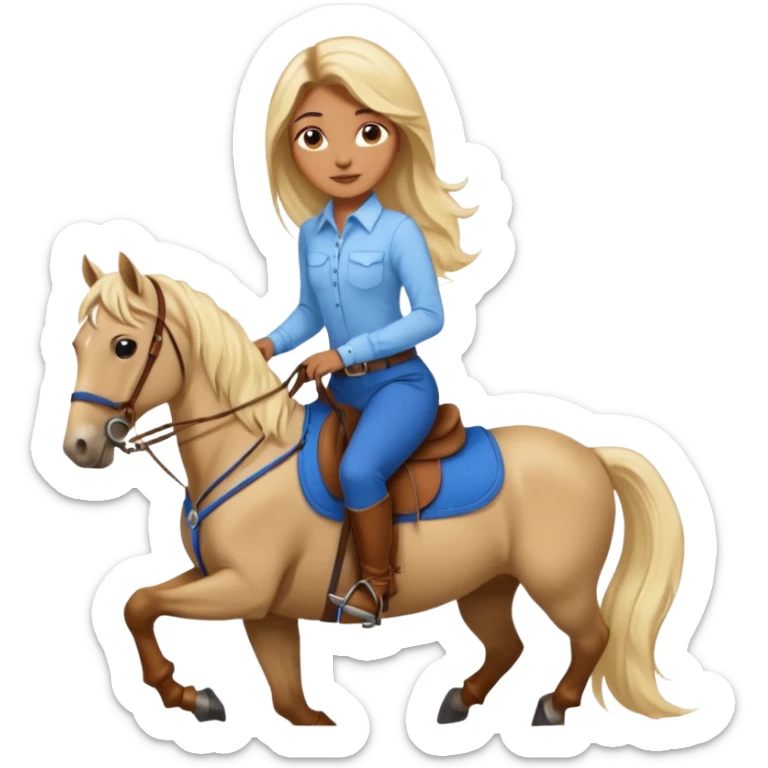 Brown girl with very long blonde hair wearing a cream colored; collared long sleeve shirt and blue riding pants with brown boots on top of a brown horse with 4 legs sticker