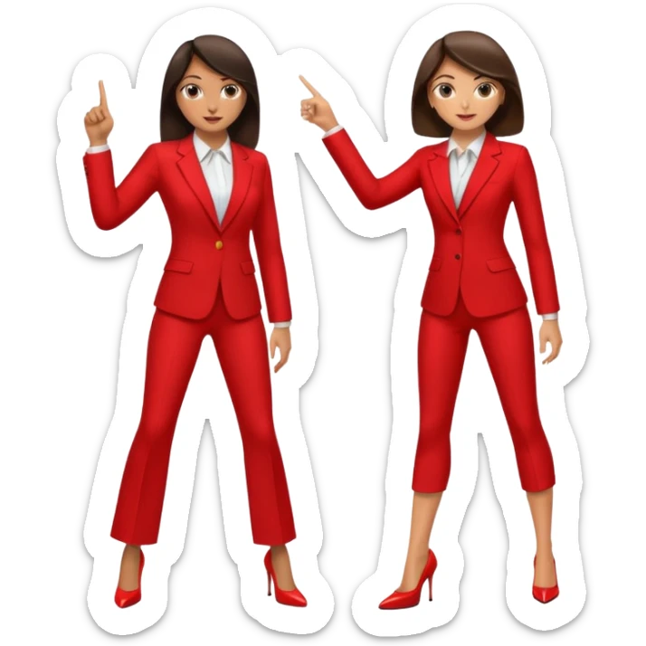 Brunette girl wearing a red power suit and high heels pointing at a man sticker