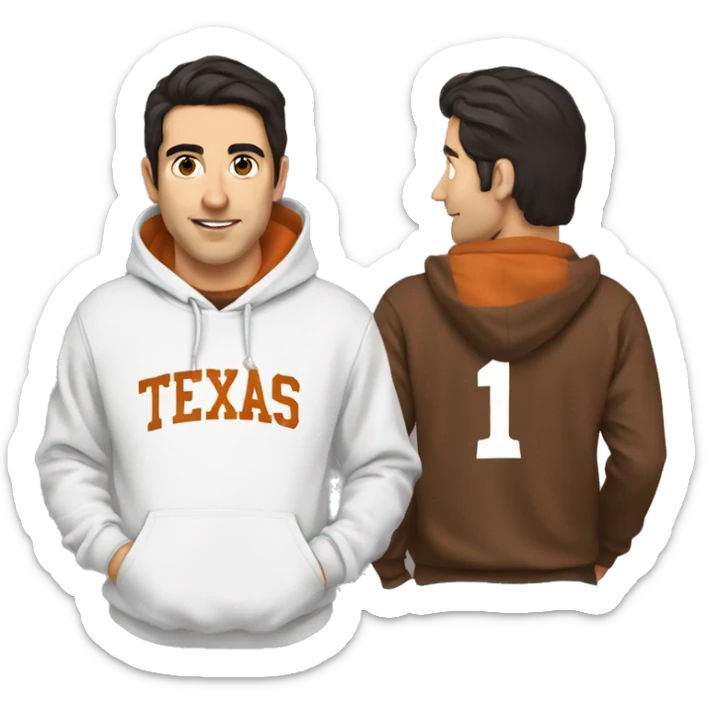 Man with dark hair, pale skin, orange Texas Longhorns hoodie sticker