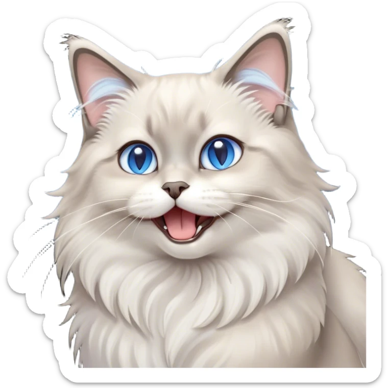 Cinematic Adorable Fluffy Light Grey Mantle Ragdoll Cat Portrait Emoji, Head tilted cutely with big, sparkling blue eyes, soft light grey fur with darker points on the ears, face, and paws, Simplified yet irresistibly adorable features, highly detailed, glowing with a soft, warm glow, high shine, yawning in a peaceful and playful manner, stylized with a touch of whimsy, bright and endearing, soft glowing outline, capturing the essence of a relaxed and loving kitten, so cute it feels like it could leap out of the screen and stretch into a cozy nap! sticker