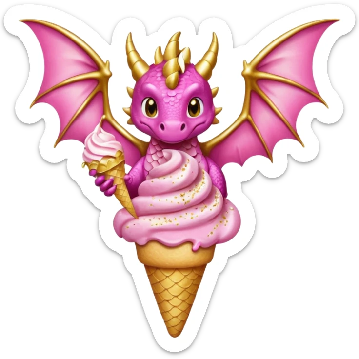 A dragon with its shiny glittered wings in pink tones and pink and gold legs, eats vanilla and chocolate ice cream sticker