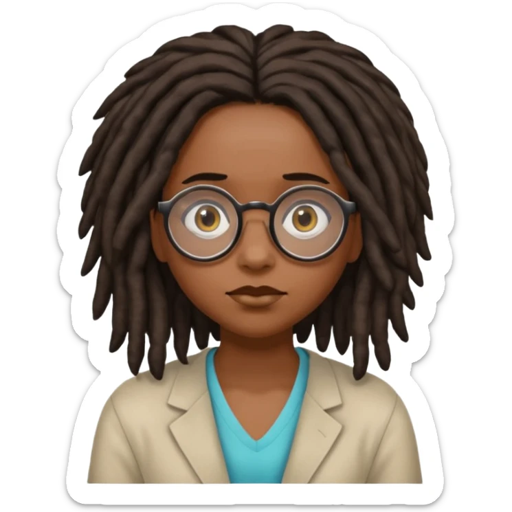 darker skin female with dark dreadlock hair wearing large round glasses shrugging her shoulders sticker