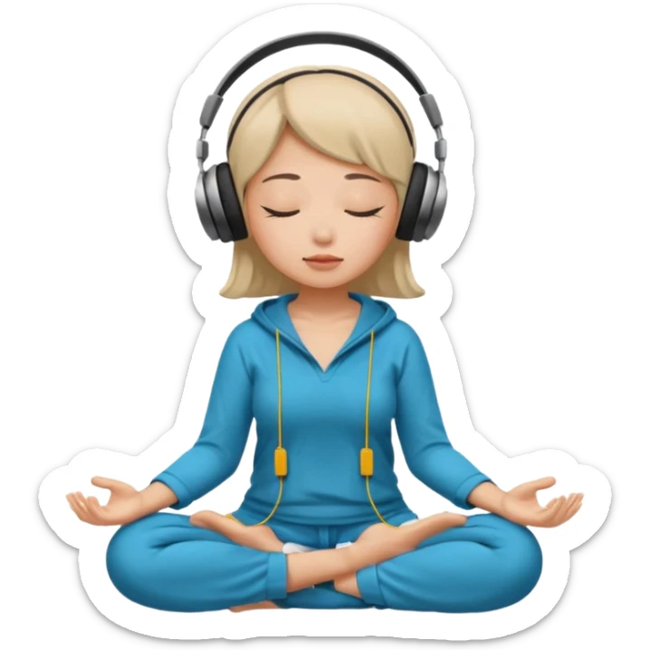 An East Asian woman🧘🏻‍♀️ is sitting cross-legged in a meditation pose, wearing Apple headphones🎧 and listening to music. The song is so beautiful that she has her eyes closed and tears streaming down her face. sticker