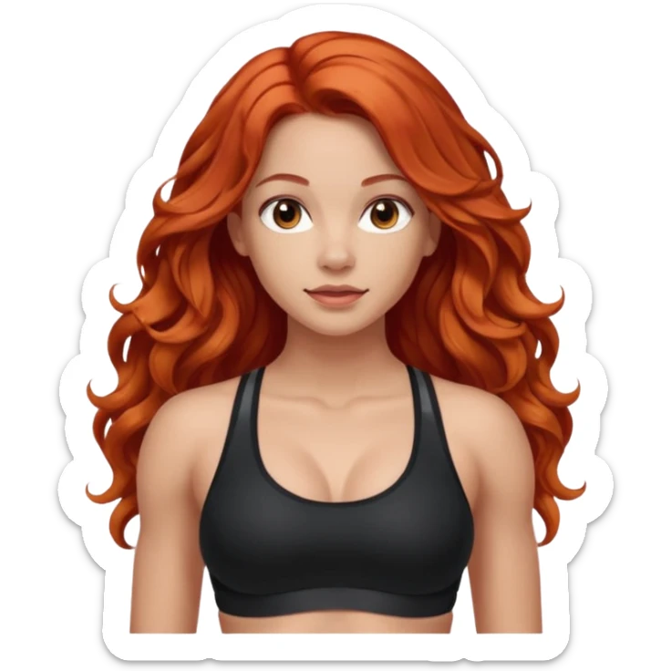 Athletic girl with long light red wavy hair and smaller boobs bigger arms. middle part and black sports bra, long hair sticker