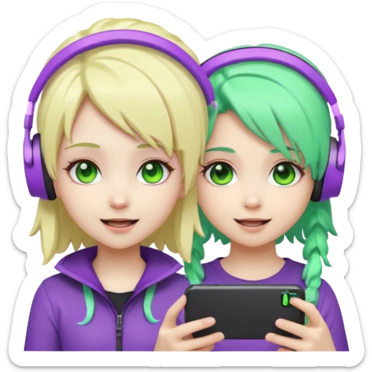 Make a blonde girl with green glowing headset on and a purple hair girl haveing fun , make them chibi emojis ,make them animated sticker
