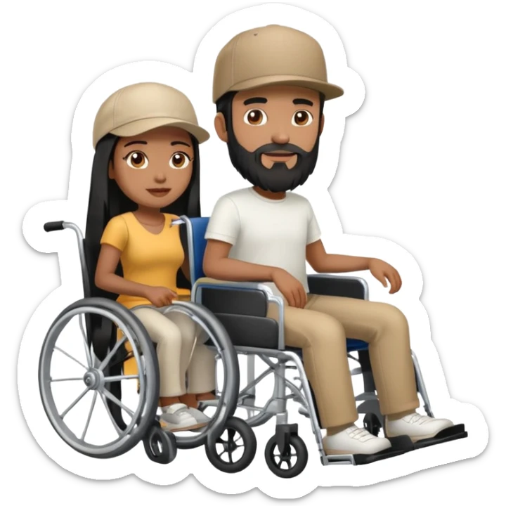 Beige skin man with a beard and cap in a wheelchair sitting next to a brown skin woman with long black hair in a wheelchair  sticker