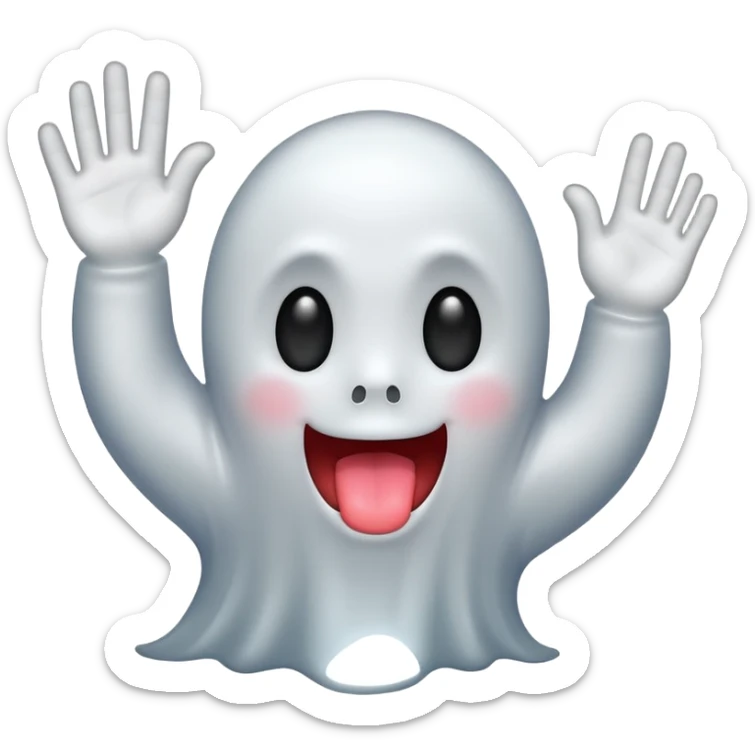ghost emoji with tongue out with one hand up and one down and 6 above the left hand and 7 above the right hand sticker