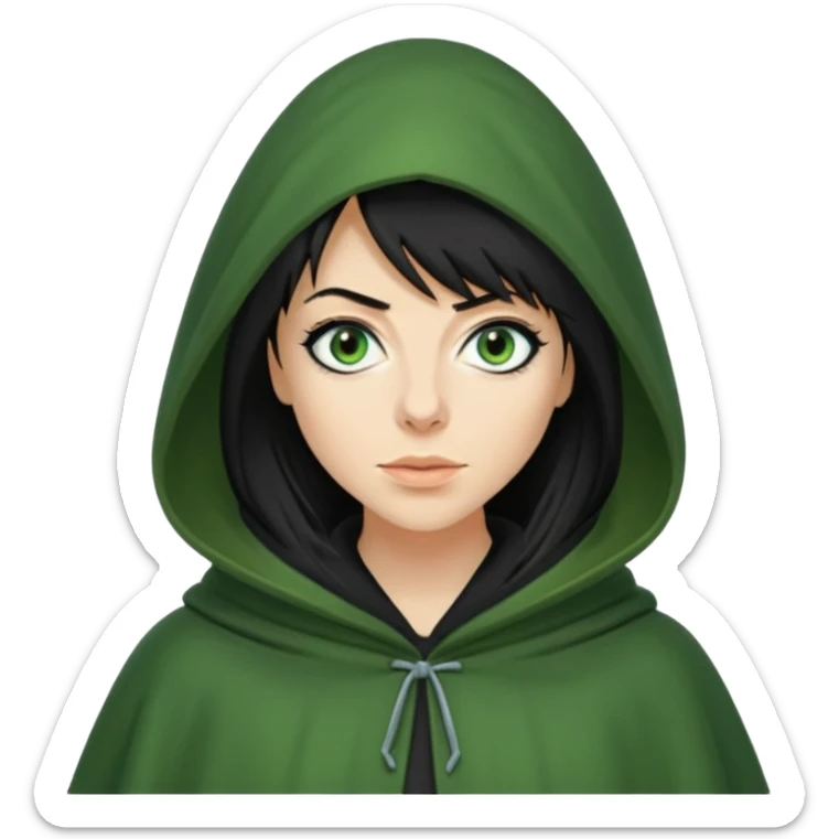 claudia winkleman as a traitor with a green hooded cloak and dark black eyeliner sticker